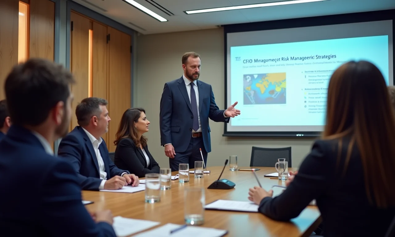 CFO apresentando estratégias de gestão de riscos a um conselho.