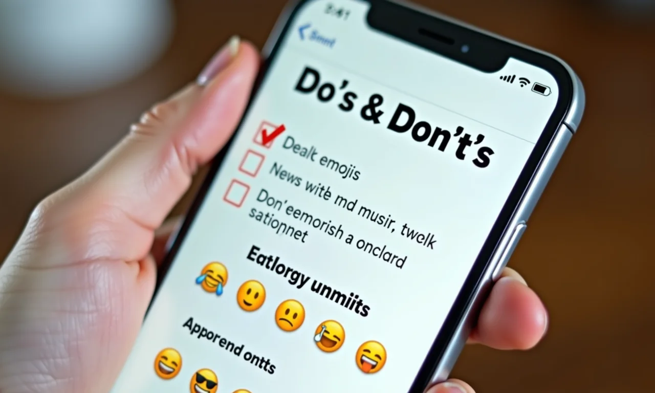 Checklist com 'O que fazer e não fazer' ao usar emojis no marketing, com exemplos em um smartphone.