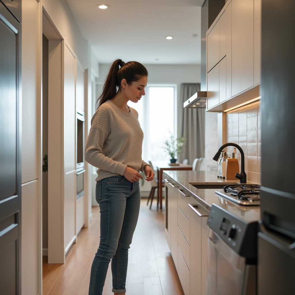 Choosing a compact apartment in BC, woman inspecting apartment details, bright interior, modern Mulher escolhendo apartamento compacto moderno em Balneário Camboriú.