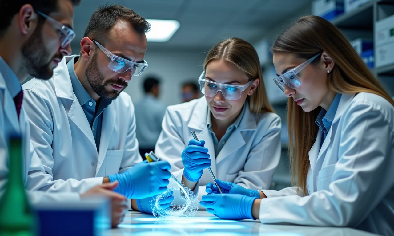 Cientistas trabalhando com ferramentas de edição genética CRISPR-Cas9.