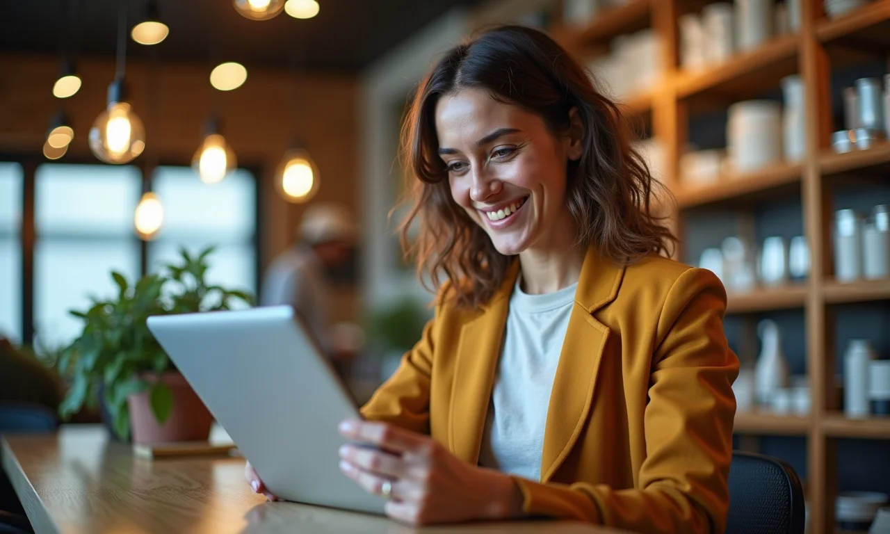 Cliente feliz navegando em loja online com recomendações de produtos personalizadas.