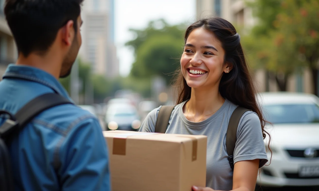 Cliente recebendo encomenda com destaque para os dados do destinatário na nota fiscal eletrônica.