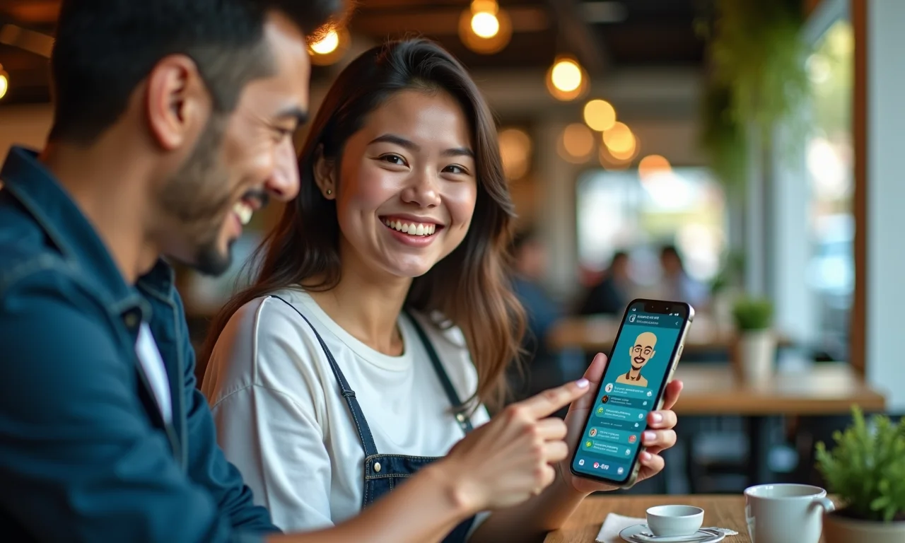 Cliente satisfeito interagindo com chatbot de atendimento.