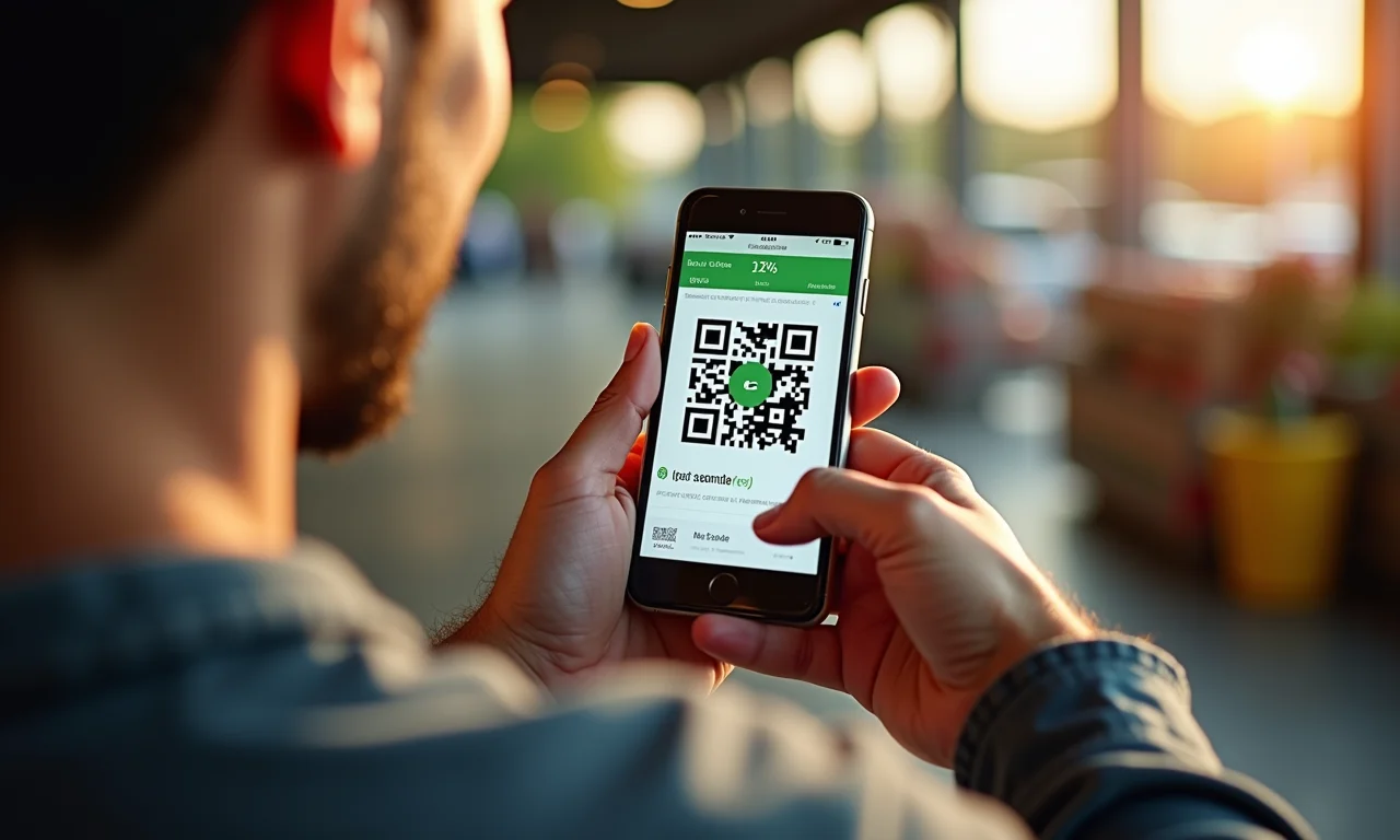 Cliente usando smartphone para escanear QR code e receber cupom de desconto.