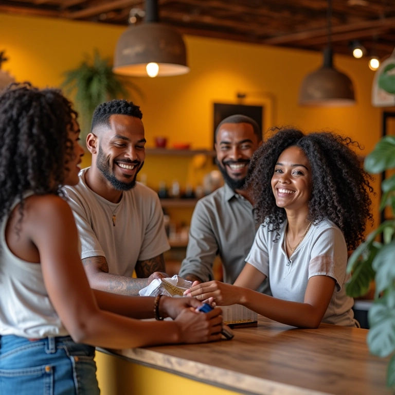Clientes diversos felizes finalizando compra em boutique brasileira vibrante.