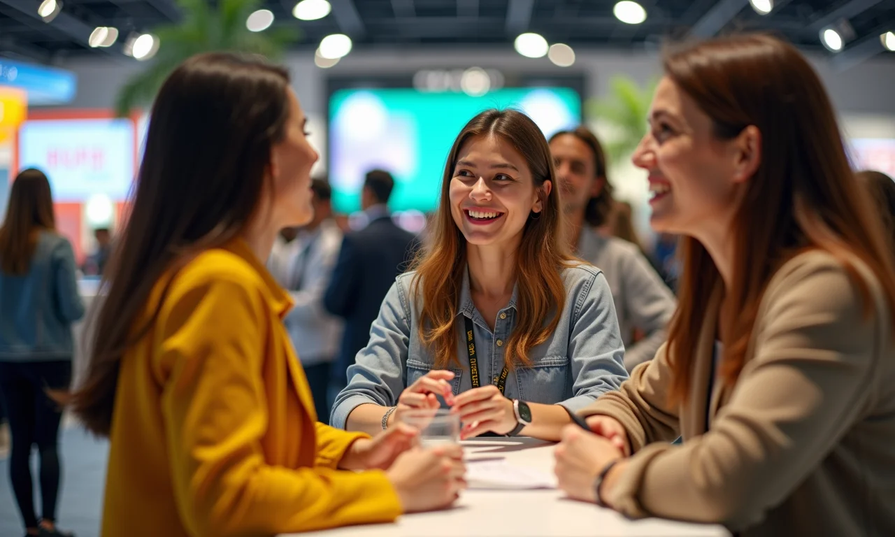 Clientes engajados com representante da marca em estande atraente.