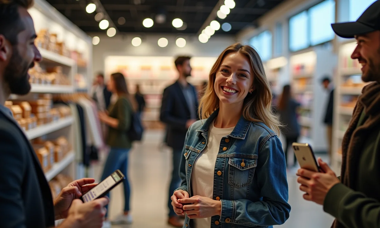 Clientes satisfeitos em loja com experiência de compra aprimorada por localização.