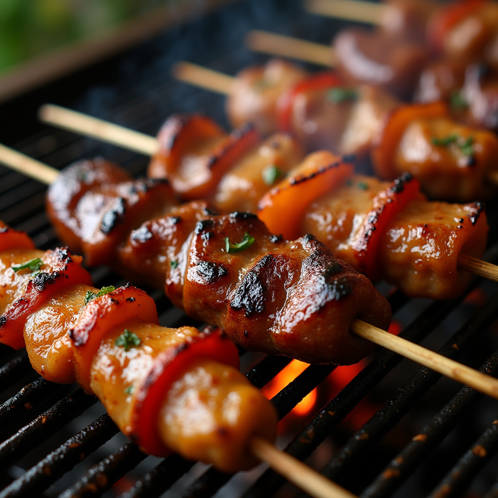 Close-up of various 'espetinhos' (meat skewers) on a grill, showcasing different flavors, Variedade de espetinhos na churrasqueira.