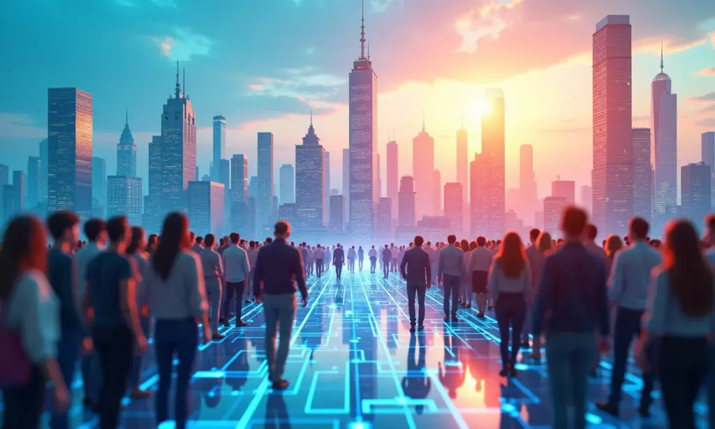 Web3: A Nova Mentalidade de Propriedade e Descentralização nos Negócios Colaboração diversa construindo cidade digital descentralizada Web3.