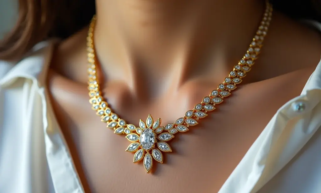 Google Ads Para Joalherias: Anuncie Produtos de Luxo Colar de ouro cravejado de diamantes, exibindo luxo e sofisticação.