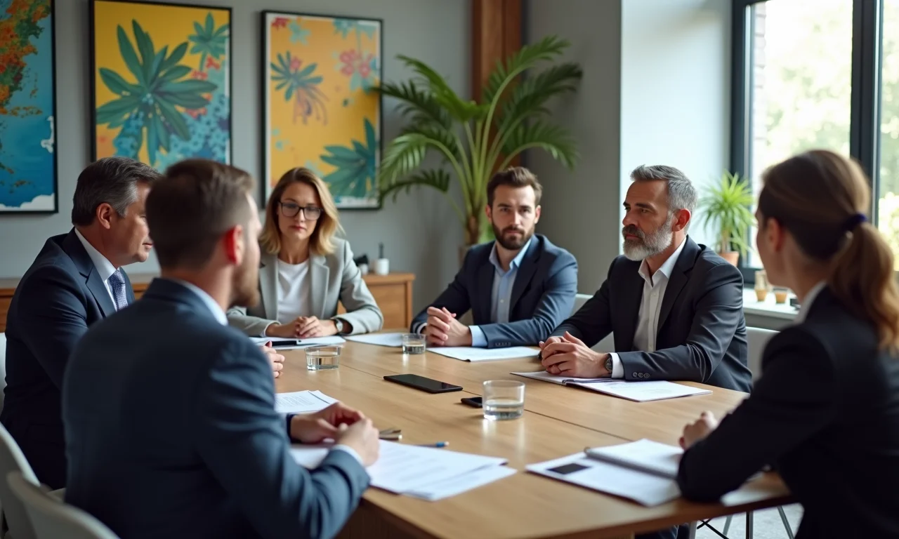 Comitê de auditoria e ética reunido em um escritório moderno com arte brasileira.
