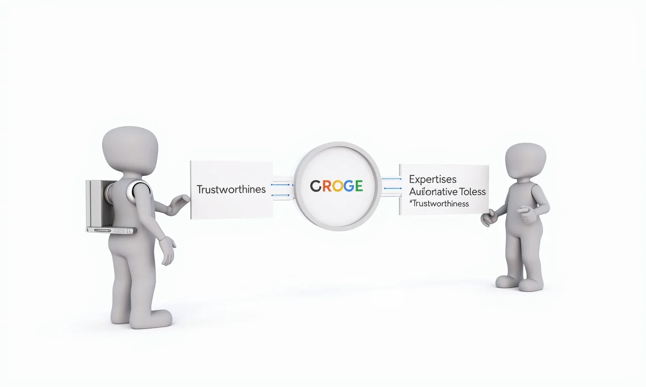 Como o Google avalia EAT: Diagrama mostrando um site sendo analisado pelo algoritmo do Google.