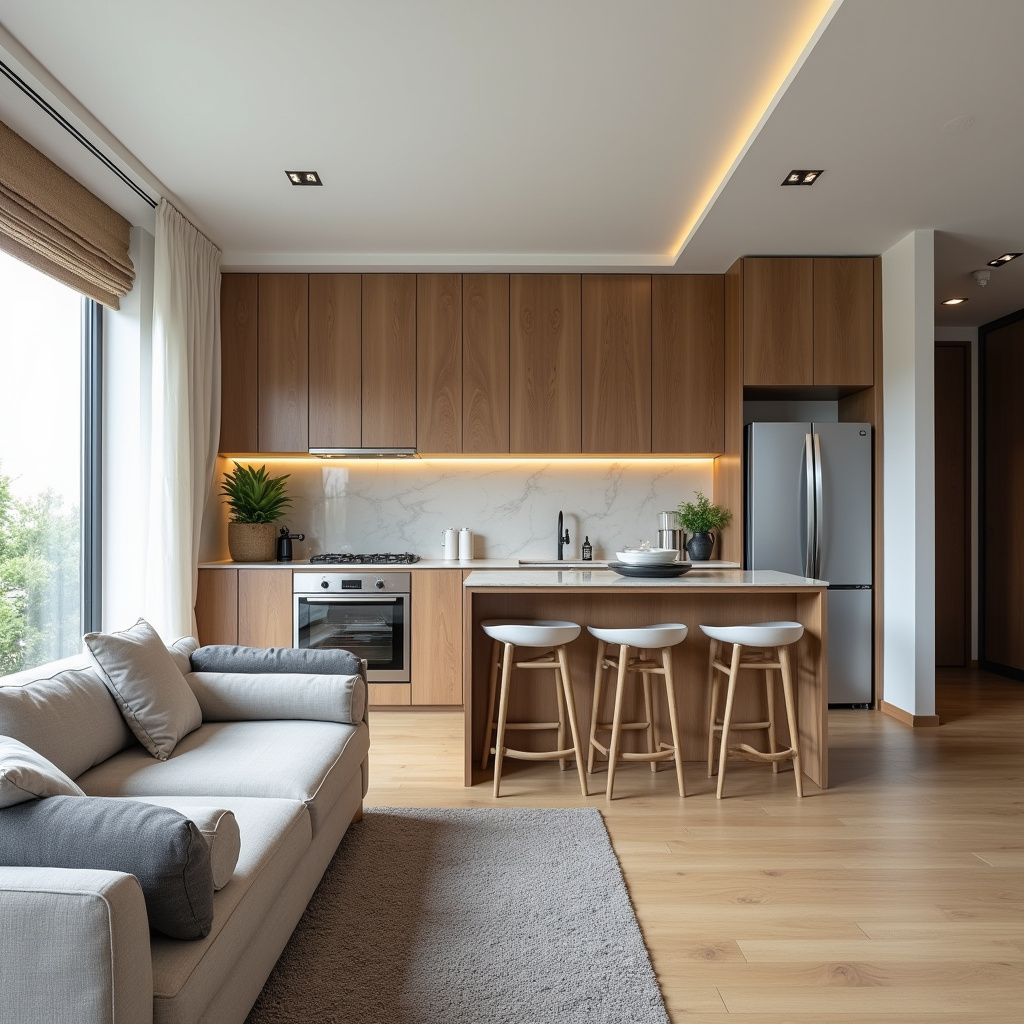 Compact apartment with custom-designed furniture, optimized space, modern design, bright interior, Móveis planejados otimizando espaço em apartamento compacto.