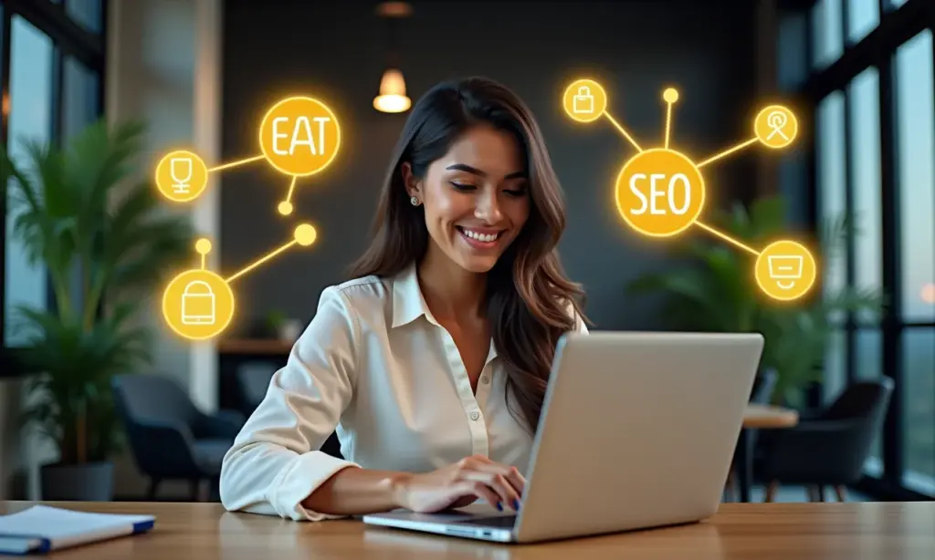 O Que É EAT no SEO Expertise Authoritativeness Trustworthiness Conceito de EAT SEO: mulher brasileira trabalhando em um laptop com ícones de Experiência, Autoridade e Confiança.