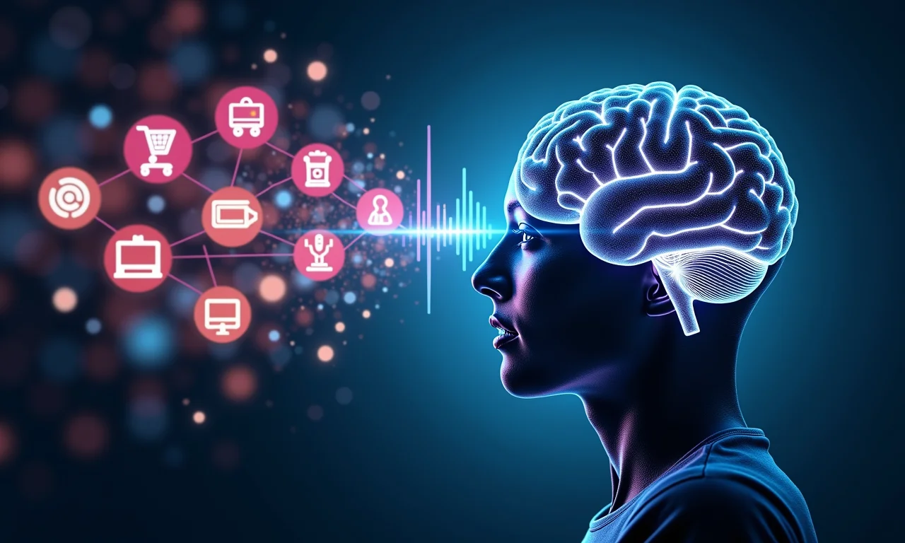 Conexão neural entre voz, IA e categorias de produtos.