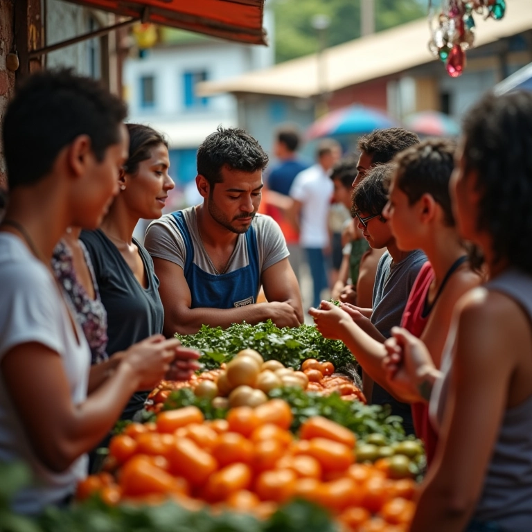 Consumidores brasileiros interagindo com representante de marca em mercado local.
