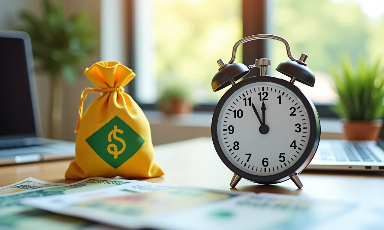 Cronômetro com saco de dinheiro e ícone de quiz, representando economia de tempo e recursos.