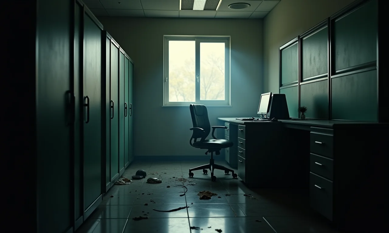 Cubículo de escritório em ruínas com cadeira quebrada e luz piscando, simbolizando a falta de recursos.