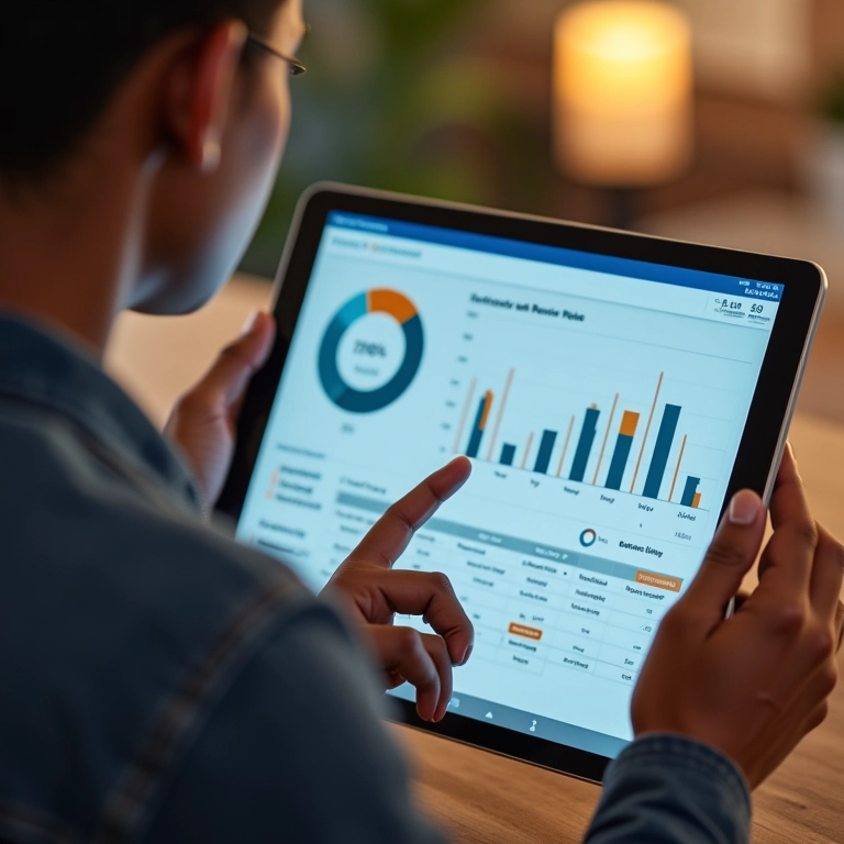 Dashboard de análise de avaliações de clientes em tablet, mostrando indicadores de sentimento.