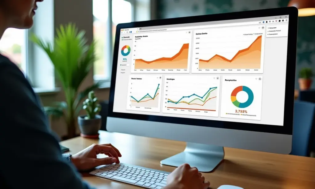 O Que É O Google Analytics 4 GA4 Novidades e Mudanças Dashboard do Google Analytics 4 exibido em um computador moderno em um escritório vibrante.