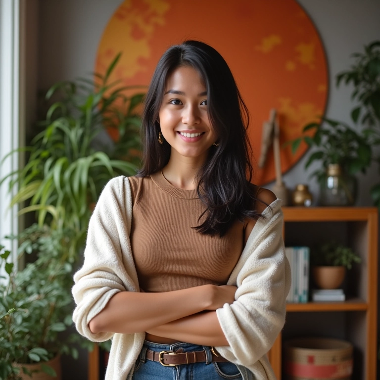 Designer brasileira em um estúdio vibrante em São Paulo, exibindo imagens de alta qualidade de produtos no Pinterest.