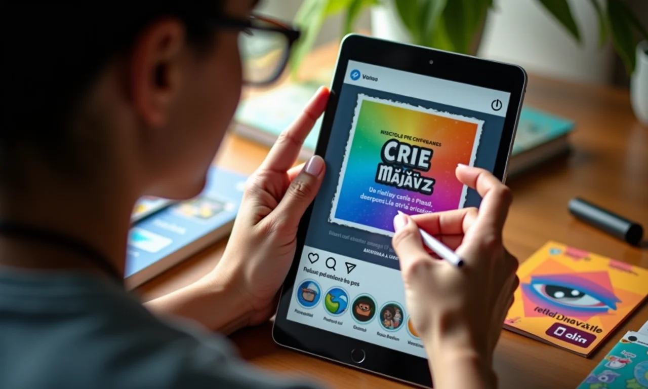 Designer cria anúncio criativo em tablet com elementos de design coloridos.