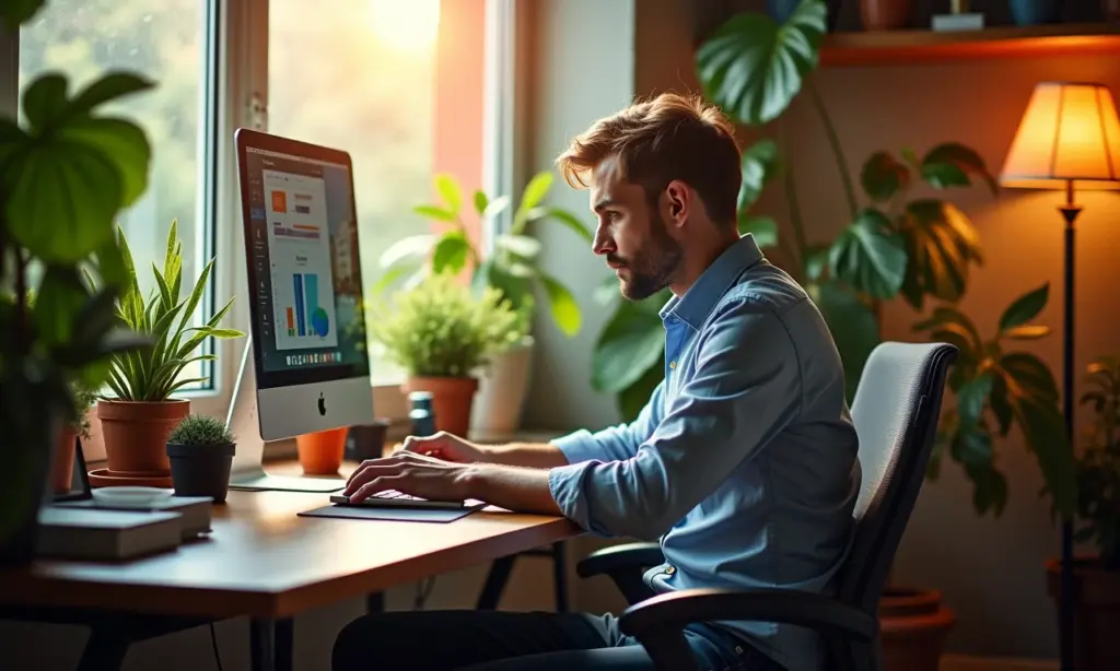 O Que É A Teoria do Flow e Como Aplicá la ao Design de Experiência UX Designer UX concentrado, imerso no estado de flow em escritório vibrante.