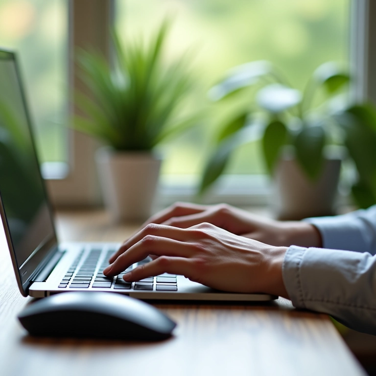 Detalhe de mãos digitando em teclado ergonômico em home office organizado.