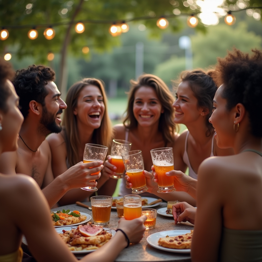 Diverse group of young adults enjoying 'espetinhos' at an outdoor party, Brazilian setting, Público-alvo consumindo espetinhos.