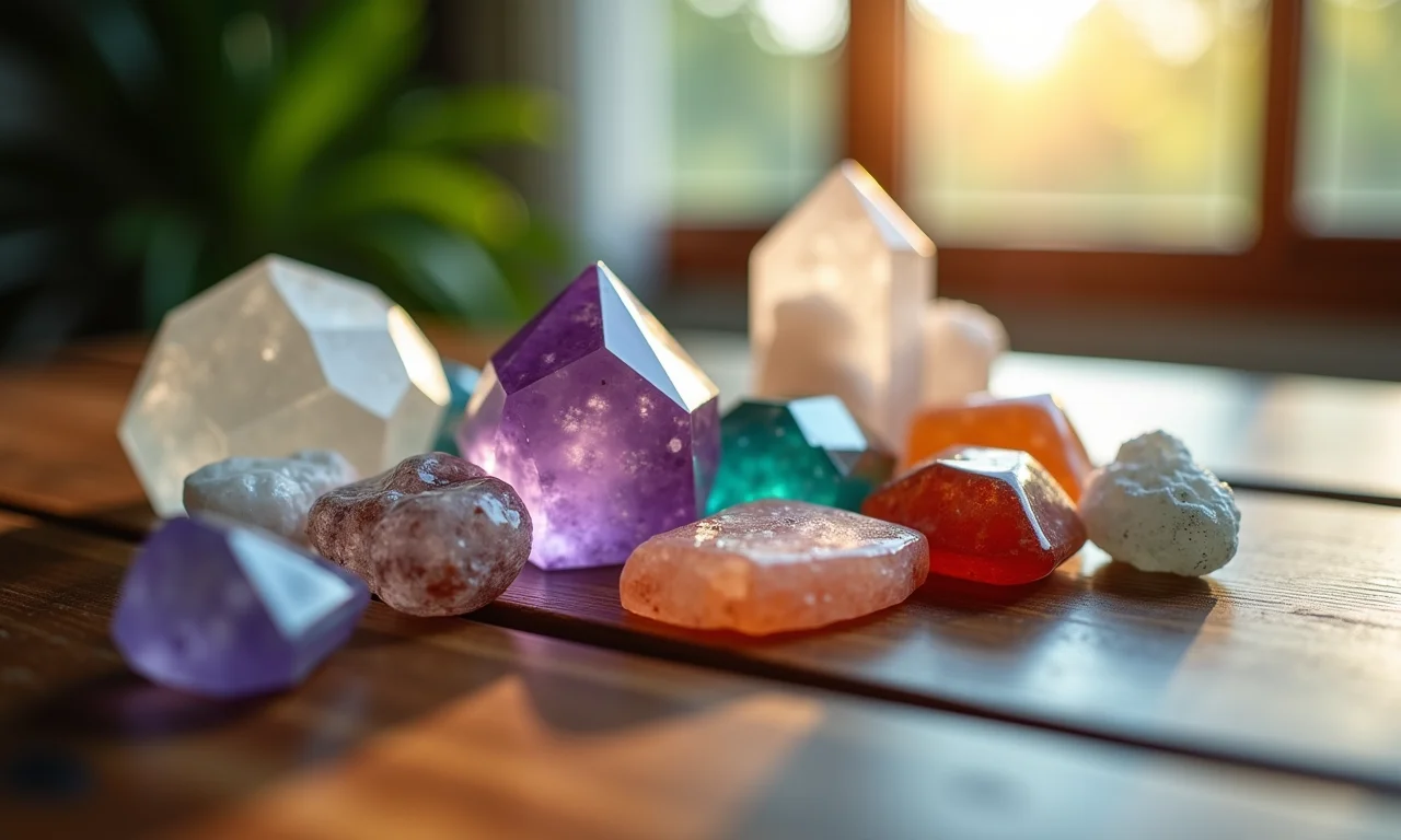 Diversos cristais e pedras energéticas sobre uma mesa de madeira com luz solar.