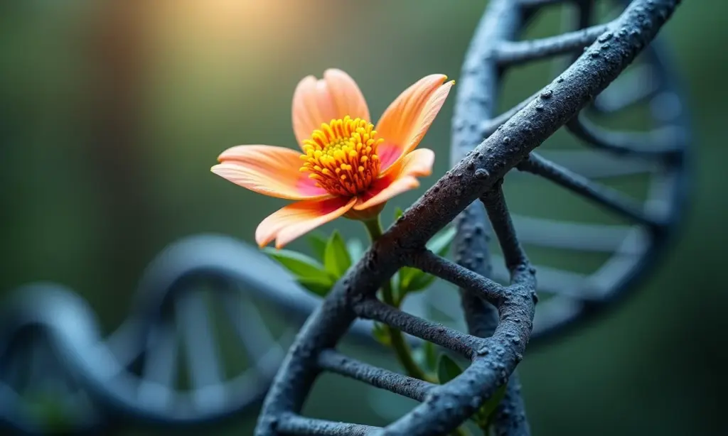A edição genética poderá criar humanos mais resilientes no futuro? DNA e flor representando a edição genética e resiliência humana.