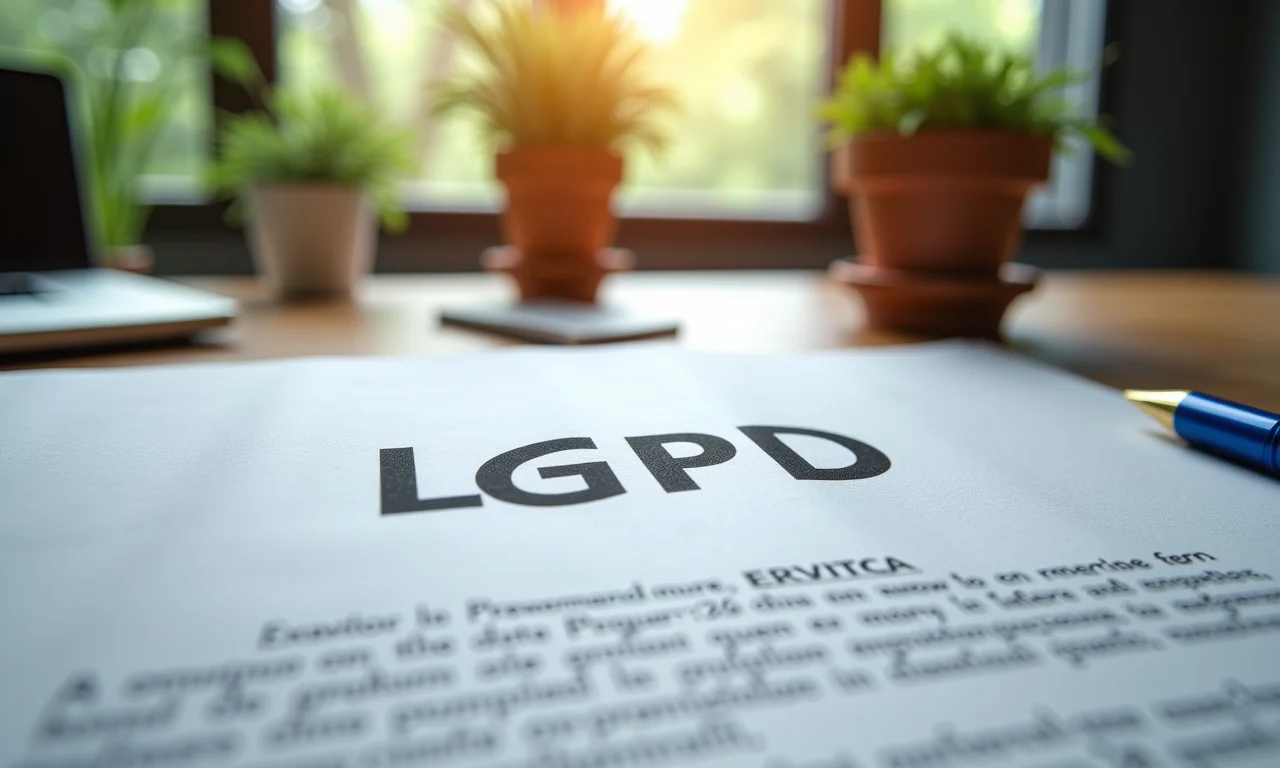 Documento legal com destaque para a sigla LGPD em ambiente de trabalho.