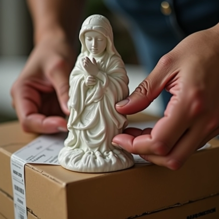 Embalagem cuidadosa de uma estátua religiosa para envio.