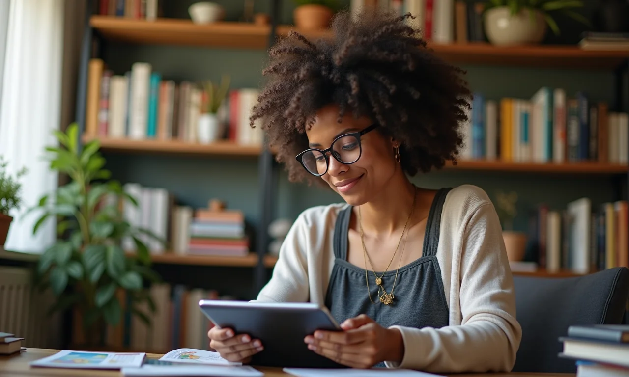 Empreendedor brasileiro de mente aberta estudando diferenças culturais em um tablet.