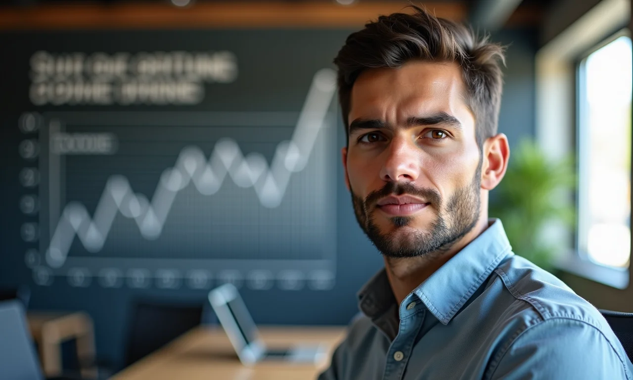 Empreendedor brasileiro resiliente enfrentando um gráfico de negócios desafiador com determinação.