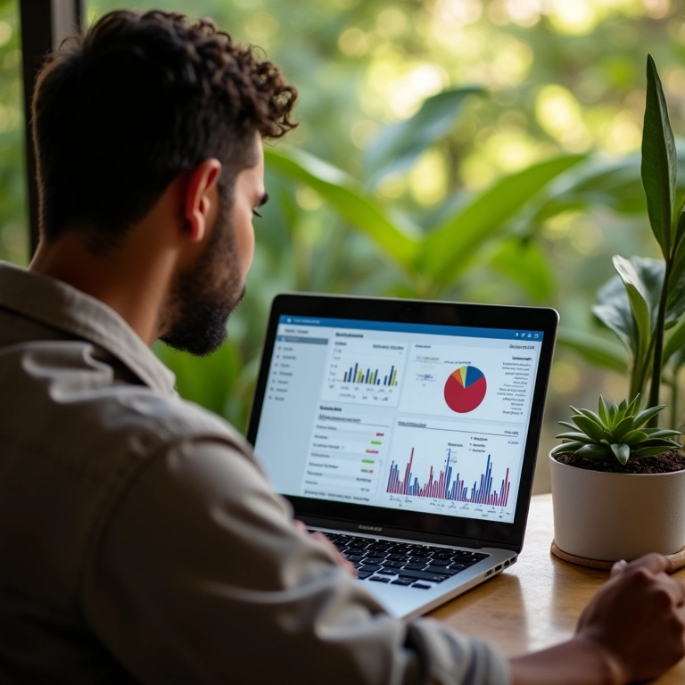 Empreendedor brasileiro usando IA para analisar produtos.