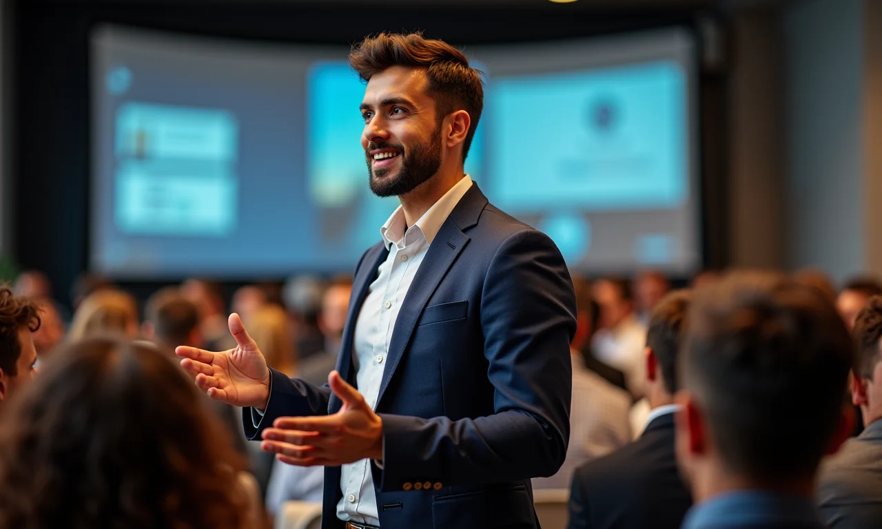 Empreendedor confiante apresentando proposta de valor em evento em SP.