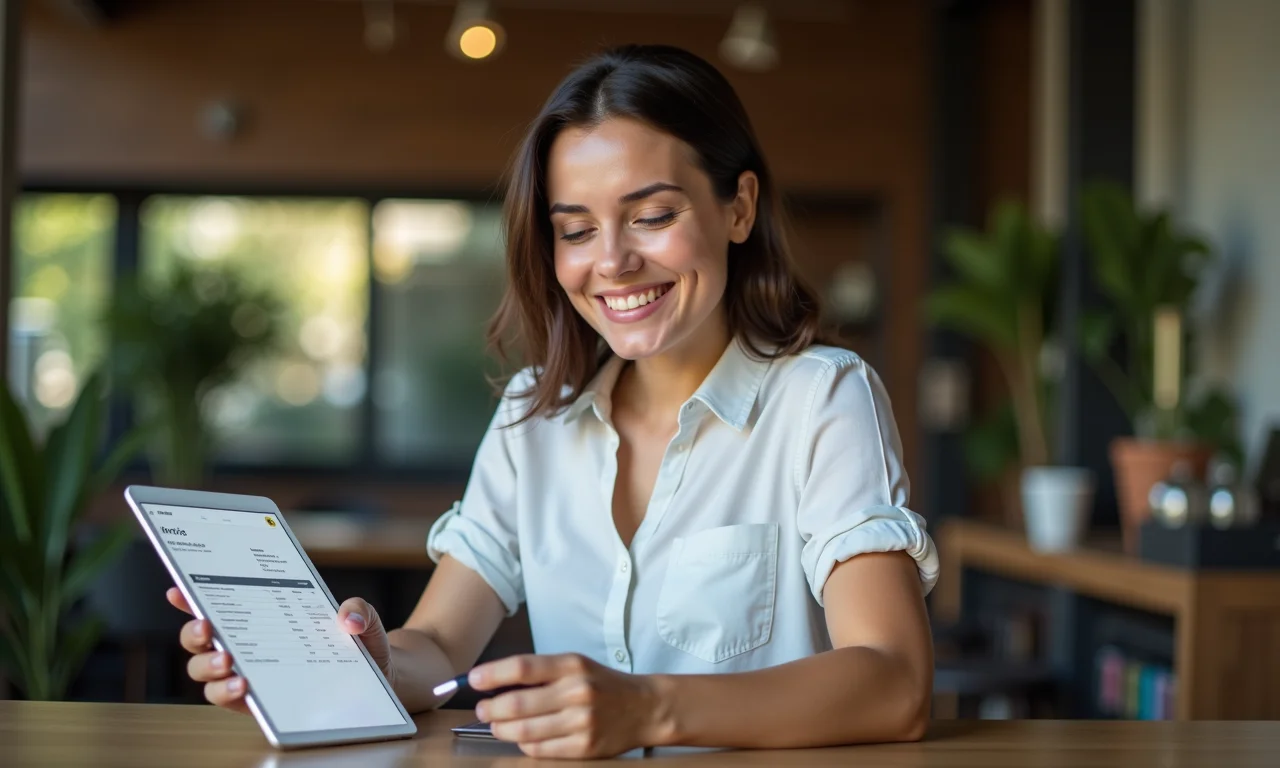 Empreendedor sorrindo ao emitir nota fiscal facilmente em um tablet.