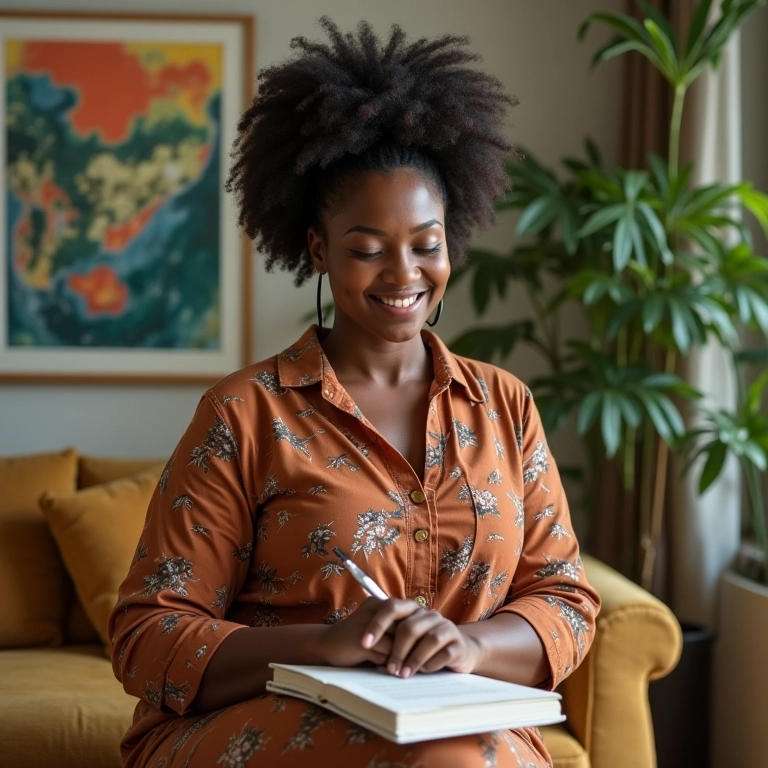 Empreendedora escrevendo em um diário da gratidão em casa.