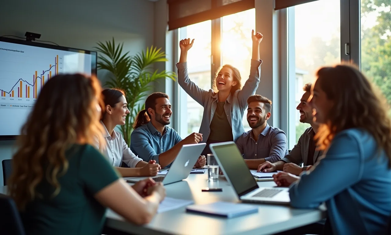 Empreendedores brasileiros comemorando o sucesso do e-commerce com IA.