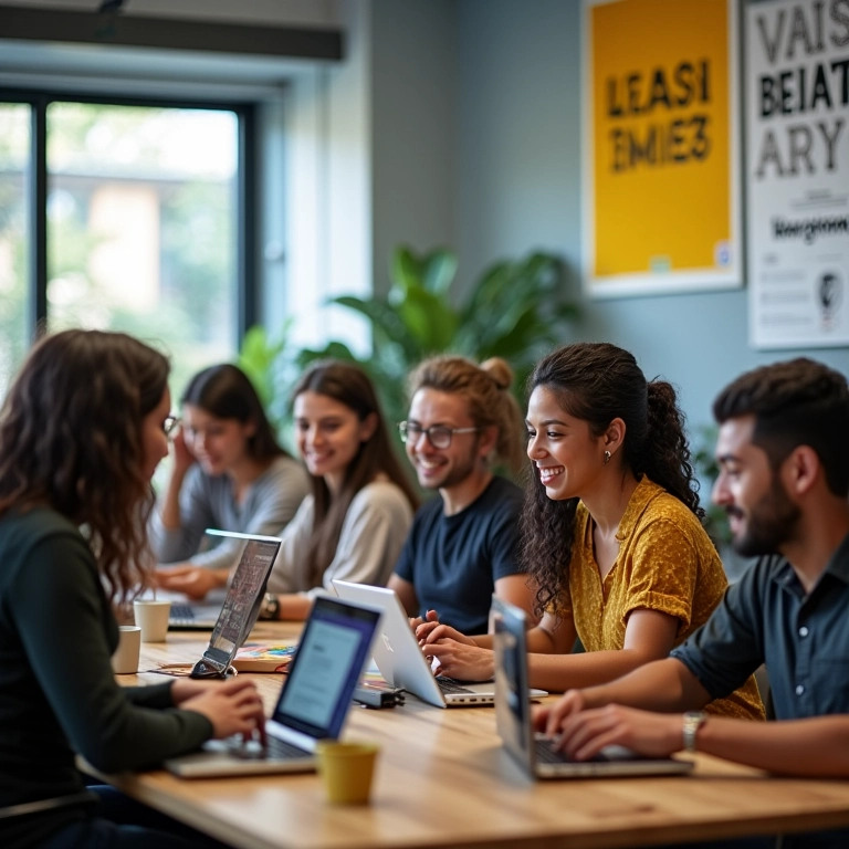 Cursos para Empreendedores em SP Invista em Seu Conhecimento Empreendedores diversos colaborando em espaço de coworking moderno em São Paulo.