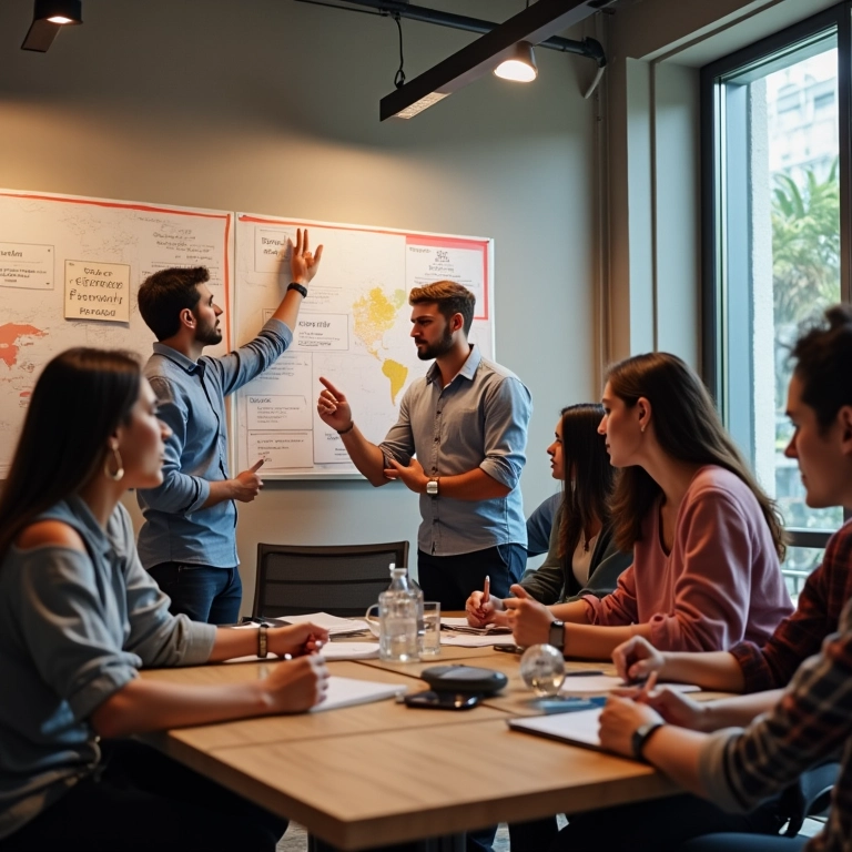 Pinterest para Negócios em SP Inspire e Venda Mais Empreendedores diversos colaborando em frente a painéis do Pinterest em um espaço de coworking vibrante em São Paulo.