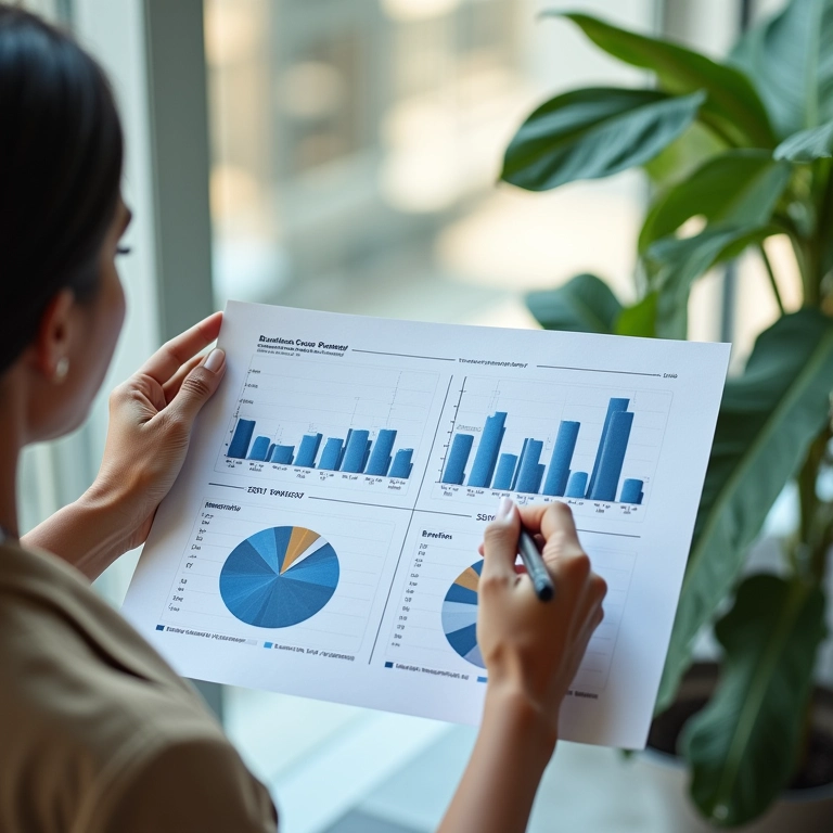 Empresária analisa gráfico do ponto de equilíbrio em escritório moderno com design brasileiro.