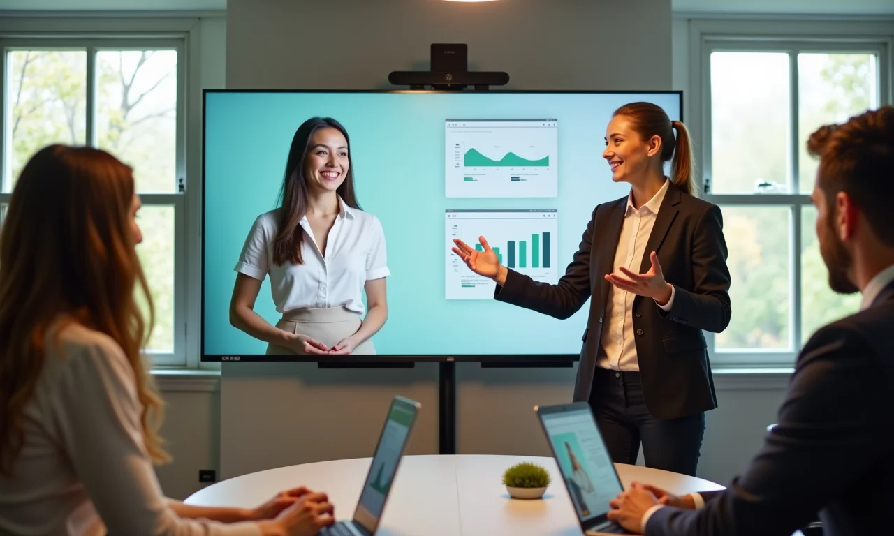 Empresária apresentando plano de vídeo marketing.