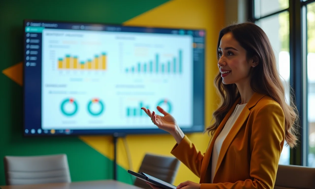 Empresária apresentando resultados positivos de análise de sentimento.