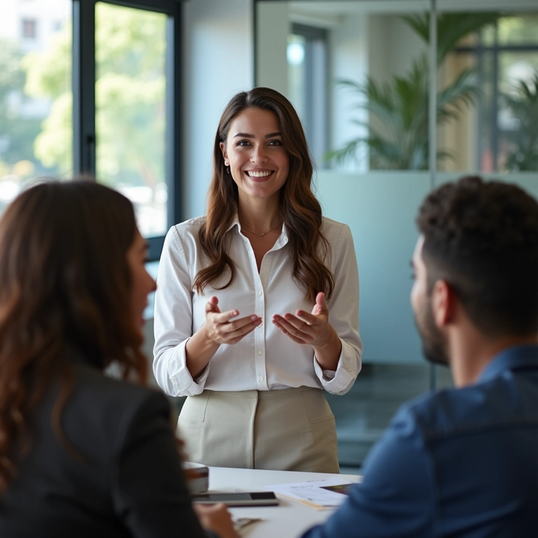 Empresária apresentando soluções para a equipe em sala de reunião com design brasileiro.