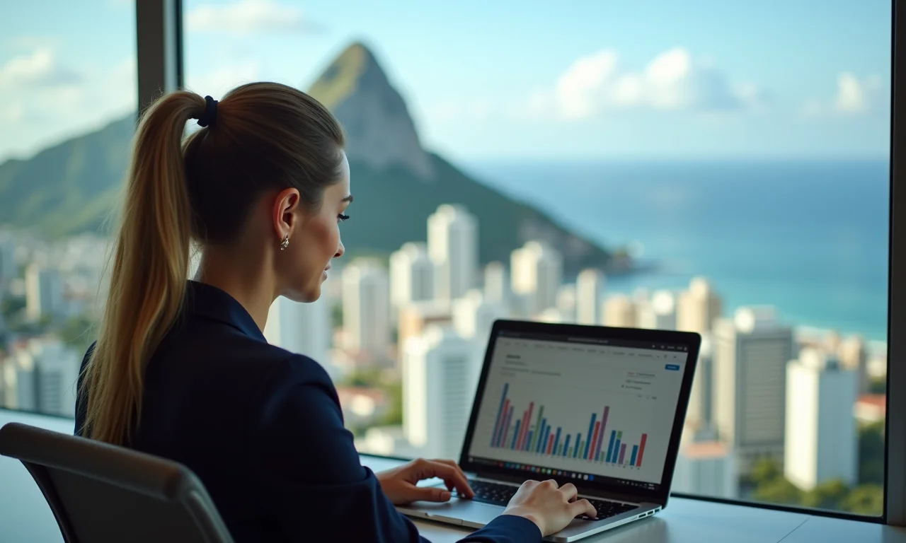 Empresária gerenciando finanças corporativas com vista para a cidade do Rio de Janeiro.