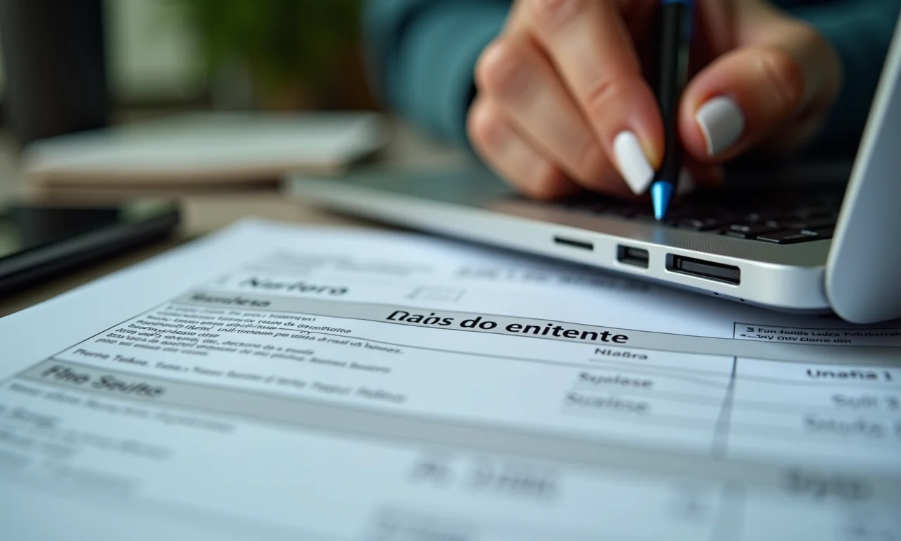 Empresária preenchendo dados do emitente em nota fiscal eletrônica em laptop moderno.