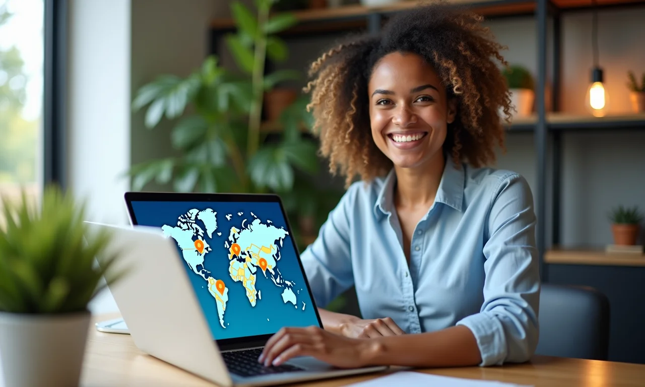 Empresária sorrindo ao ver mapa de expansão para novos mercados.