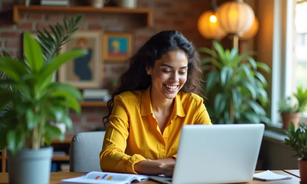 Como Preparar Seu Ecommerce para Vender Mais em Datas Sazonais Empresário brasileiro sorrindo analisa dados de vendas online no laptop.